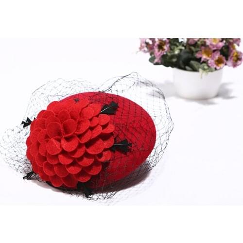 Vintage Flower Blossom Pure Wool Fedora Cap White Red Wedding Fascinator Bride Hat Wool Felt Ladies Veil Beret Chapeau Femme