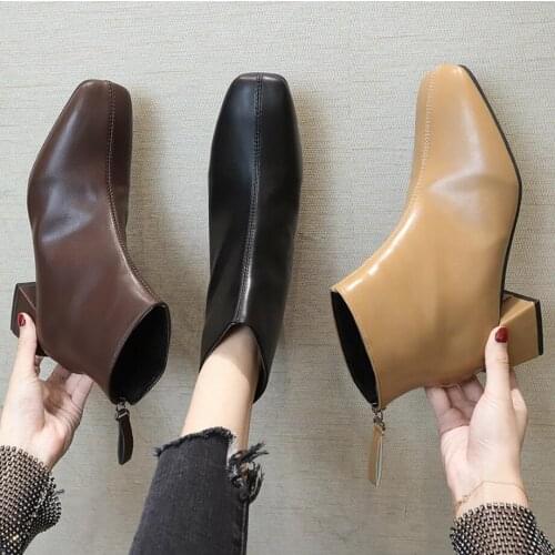 Ankle Boots For Women Square Toe Fashion Shoes Plush Warm Winter Short Boots Zipper Square Heels Comfortable Lady Shoes