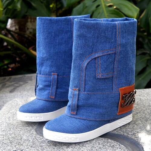 Womens Round Toe Denim Jeans Mid Calf Boots Pull On Wedge Hidden High Heel Real Leather Motorcycle Shoes X01 New 2021