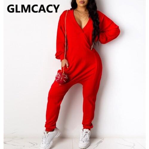 Women Long Sleeve V Neck Jumpsuits Solid Casual Regular Ovearlls
