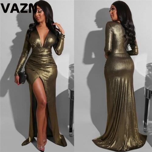 VAZN 2020 New Floor-length Evening Gown Women Elegant Fashion Maxi Long Dress Long Sleeve V-neck Dress