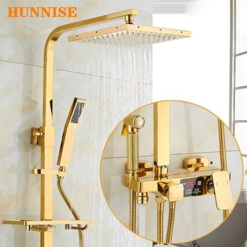 Gold Digital Shower Set Copper Brass Bathtub Faucet Wall Mounted Bathroom Shower Mixer Set Rainfall Gold Thermostatic Shower Set