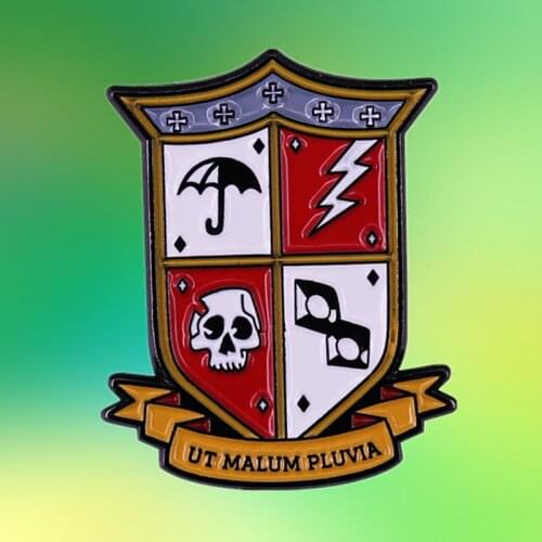 When Evil Rains Reigns Umbrella School Crest Reginald Hargreeves Ut Malum Pluvia enamel Pin lightning skull domino mask brooch