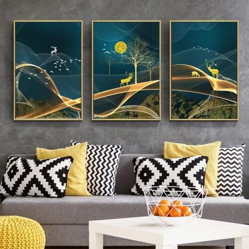 Abstract Gold Deer Moon Landscape Print Canvas Painting 3 Pieces Wall Art Picture For Living Room Home Decoration Unframed