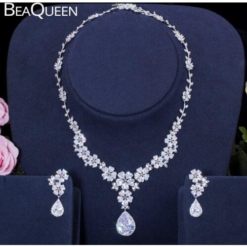 BeaQueen Exclusive Flower Leaf Water Drop Cubic Zirconia Women Wedding Dress Earrings Necklace Jewelry Sets Bijoux Femme JS062