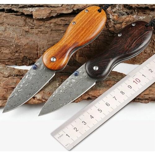 Free shipping New style high-end Natural blood ebony Damascus knife wood handle outdoor folding mini keys knife
