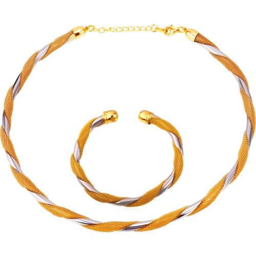 Collare Women Two Tone Jewelry Set Trendy Gold/Silver Color Party Bracelet Torques Necklace Set Wholesale S261