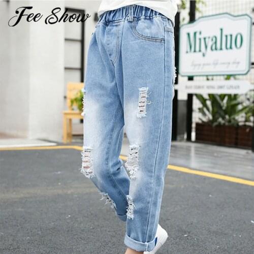 New Fashion Kids Ripped Jeans For Teen Girls Spring Autumn Elastic Waistband High Waist Denim Pants Children Casual Trousers