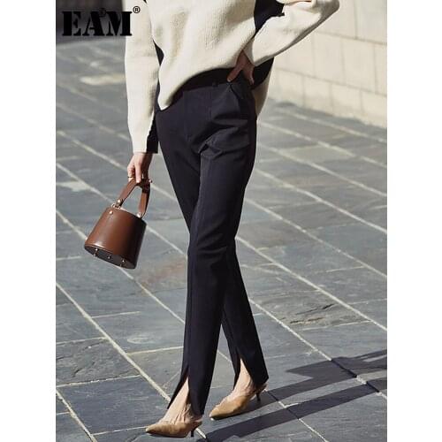 [EAM] High Waist Black Vent Split Joint Leisure Long Trousers New Loose Fit Pencil Pants Women Fashion Spring Autumn 2021 1N369