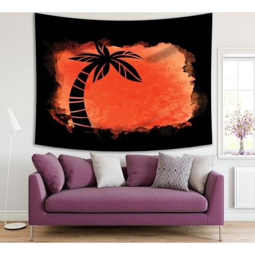 Tapestry Coconut Palm Tree and Ocean Tropical Island Summer Beach Watercolor Painting Artwork Black Red