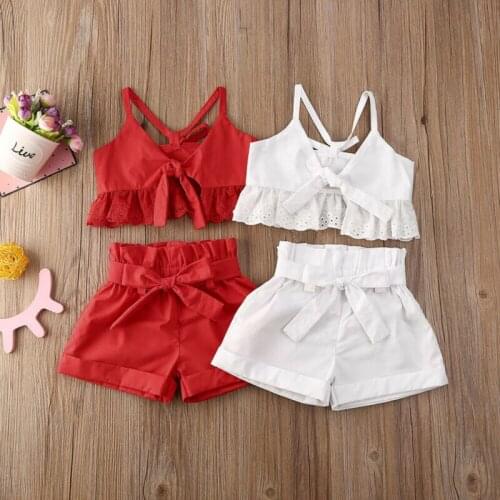 Imcute 2020 Toddler Kids Baby Girls Clothes Sleeveless Lace V-neck Bandage strap pullover Vest solid Shorts Outfit Set