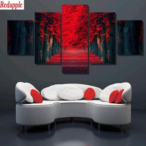 Diamond Embroidery Picture Natural scenery, red trees, fallen leaves Of Diamond Painting drill Mosaic Cross Stitch Wall Art5Pcs