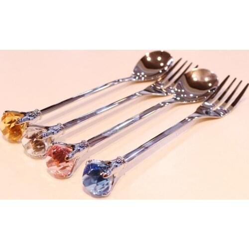 1Pcs Luxury 304 Stainless Steel Diamond Shaped Crycal Spoon And Fork Novelty Design Tableware Coffee Teaspoon Accessories