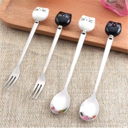 Lovely Flatware Kitchen Tool Ice Cream Cartoon Fork Spoon Stainless Steel Coffee Spoon Cat Ceramic Spoon