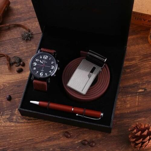 Fashion Men Watch Set Mens Artificial Leather Quartz Analog Wrist Watch Top Quality Belt Signing Pen Gift Sets For Men Husband