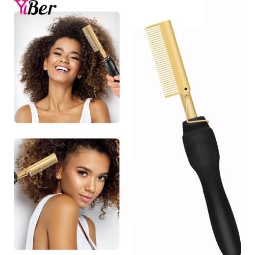 Heating Comb Gold Hair Straightener Multifunctional 2 in 1 Electric Flat Irons Straightening Brush Hot Comb Wet and Dry Hair