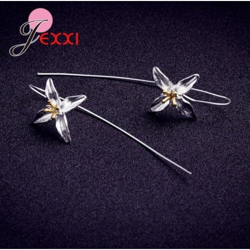 Simple 925 Sterling Silver Long Line Earring Formed Brilliant Flower Drop Earrings With Lily Flower Women Birthday Jewelry
