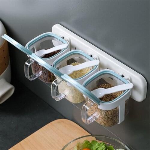 Punch-free Seasoning Box Set Salt Shelf Household Seasoning Jar Storage Box Kitchen Wall-mounted Spice Box With Spoons