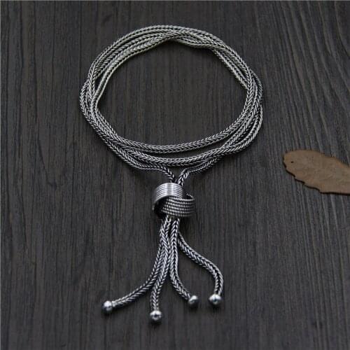 Retro Thai Silver Handmade Silver Fox Tail Chain S925 Sterling Silver Retro Fringe Female National Wind Sweater Chain Necklace