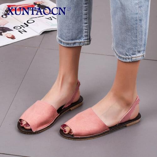 Pink Suede Walking Flats Womens White Ankle Strap Sandals 2021 New Summer Ladies Open Toe Soft Sole Flat Shoes Large Size 35-43