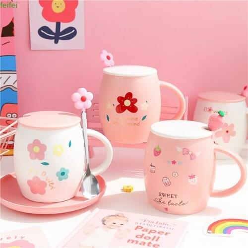 Cute Coffee Mug Pink with Lid Breakfast Cartoon Coffee Mug with Lid Spoon Cute Creative Kawaii Tazzine Caffe Couple Mugs XX60CM