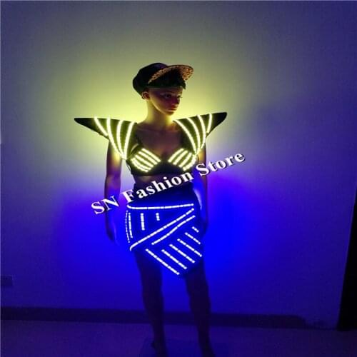 SS2-2 Colorful light women dresses Sexy singer wears dance ballroom led costumes catwalk stage show dj bra skirt shoulder vest