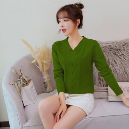 H9512 Autumn Winter Sweater Female Short V Collar Bottom Knitted Pullover Women Vintage Long Sleeve Casual Fashion Jumper Tops