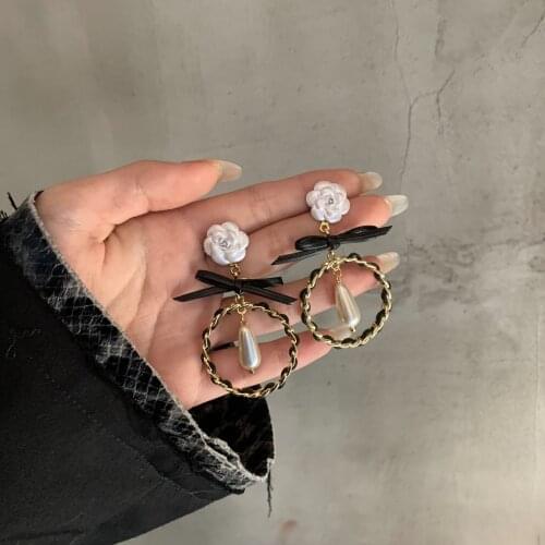 Korean Bowknot Pearls Camellia Long Earrings The Same Female Net Red Earring Without Pierced Ear Clips