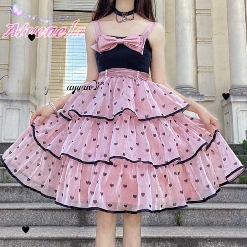 Japanese Soft Girls Lolita Bow JSK Dress Harajuku Women Sweet Party Sling Cake Loli Dresses Female Vestidos AFC1064