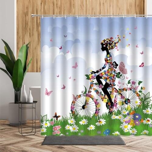 Butterfly Girl Shower Curtain For Bathroom Decor Creative Abstract Bicycle Flower Printed Bath Fabric Spring Floral Curtains Set