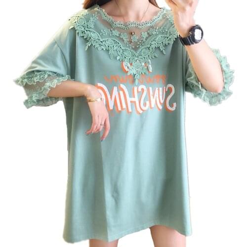 Women Oversize Clothing Vintage Delicate Floral Hollow Lace Tshirt Solid Casual Loose Tee Shirt Ladies Oversized Long T-shirt