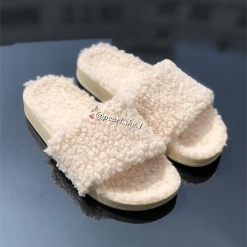 2021 New Women Designer Faux Wool fur slippers Outside shoes slippers famous brands Comfortable Faux Fox fur Winter slippers
