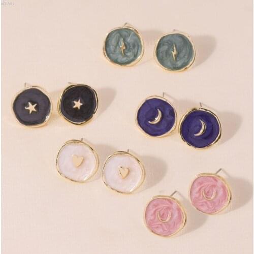 AOMU 2020 Korea New Fashion Moon Star Stud Earrings for Women Colorful Enamel Geometric Round Earrings Party Jewelry