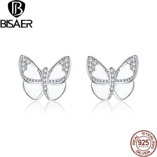 BISAER 925 Sterling silver white butterfly small earrings stud women fashion silver earrings jewelry ECE876