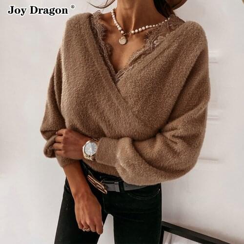 Women Long Sleeve Tops Sweaters Lace Loose 2021 Autumn Winter Fashion Pullovers Solid Color Plush Blouse Flannel V Neck Shirts