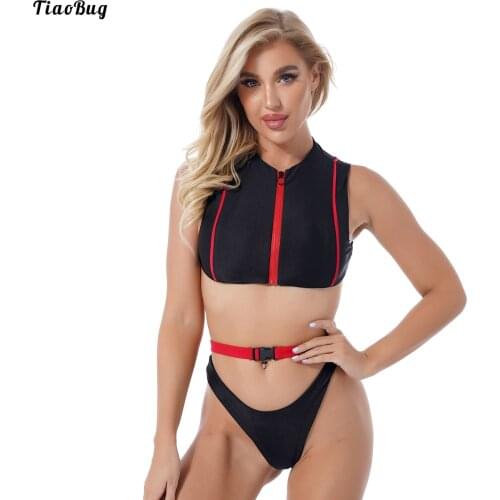TiaoBug Women Color Block Swimsuit Bathing Pool Suit Zipper Front O Neck Sleeveless Crop Top With High Cut Briefs Belt Swimwear