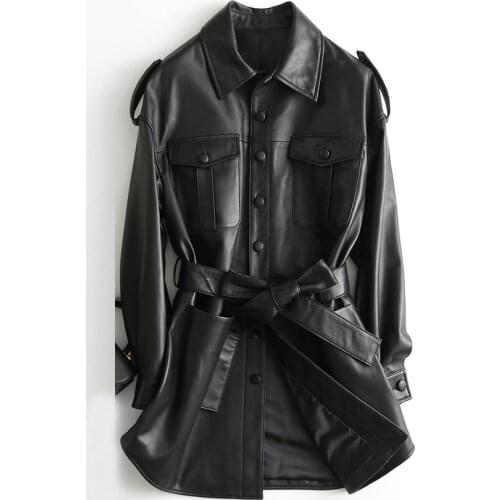 Pop New Spring Autumn Genuine Leather Vintage Streetwear Trench Coat Women Fashion Real Leather Female Jackets A039