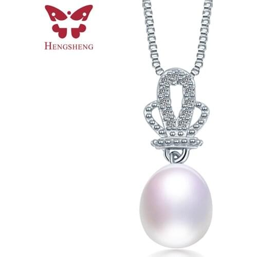 HENGSHENG High Quality Natural Freshwater Pearl Pendant Necklace Lady 925 Sterling Silver Crown Zircon Jewelry With Gift Box