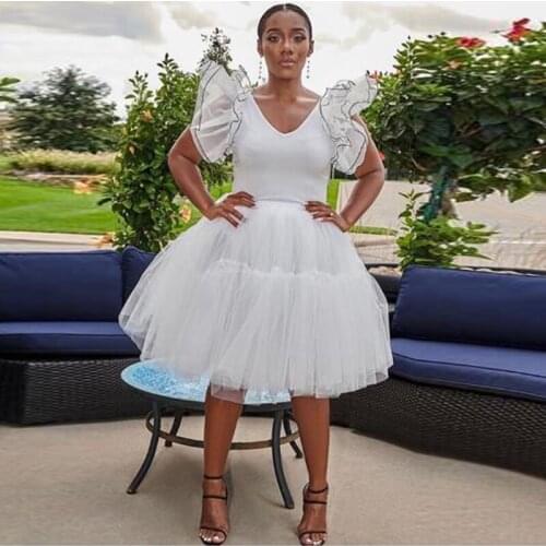 Vestido White Short Puffy Tulle Women Floor Length Party Dresses Summer 2021 V Neck Tiered Ruffle Mini Prom Gown Custom Made