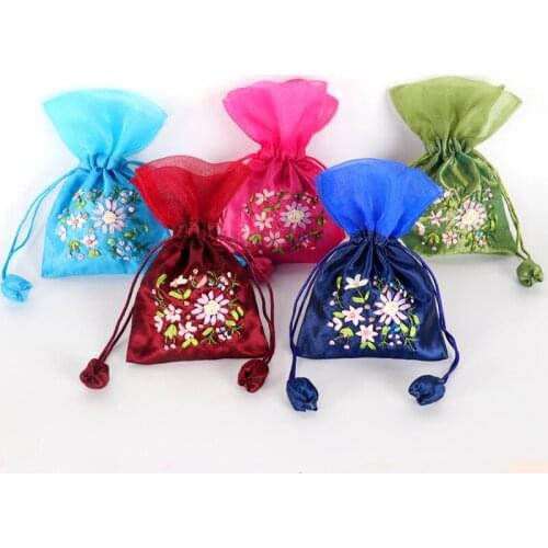 Patchwork yarn Small Satin Jewelry Pouch Gift Packaging Bags Handmade Ribbon Embroidery Drawstring Pouch Empty Sachet Bags 10pc