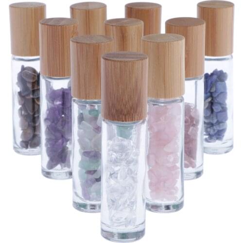 10pcs Natural Stones Chips Clear Essential Oil Roller Ball Bottle Bamboo Lid