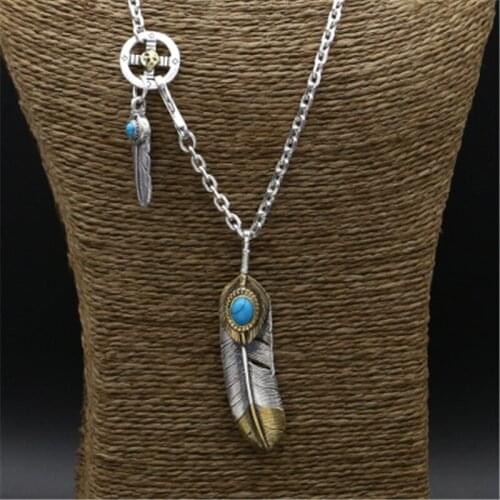 47.2g 100% Real 925 Sterling Silver Long Pendant Necklace Men Women Blue Natural Stone Vintage Indian Style Men Necklace Silver