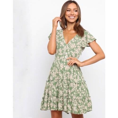 Ardm Fashion Floral Print платья для женщин V Neck Button Ruffled Sleeve Mini Dress High Waist Summer Dress Vintage Femme Robe