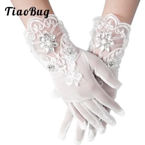 White Ladies Lace Gloves Wedding Glove Sequins Rhinestone Scalloped Edge Bridal Gloves Elegant Short Gloves Wedding Accessories