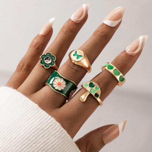 Docona 5pcs/set Green Butterfly Heart Cute Rings for Women Charms Daisy Flowers Mushroom Tai Chi Open Ring Set Jewelry 20091