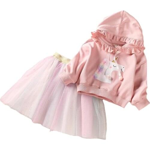 Spring Unicorn Girls Clothing Set Lovely Cotton Hoodies + Lace Sequins Skirt 2 PCs Kids Suits Children New Year Birthday Present