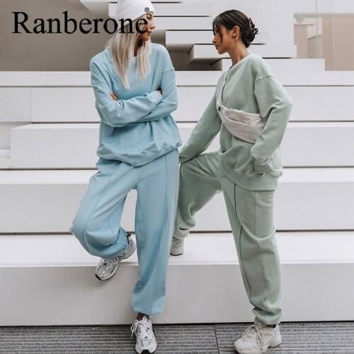 Ranberone Two Piece Suit Tracksuit Womens Oversized Long Sleeve Trousers Sweatershirt Sports Suit Casual Solid Color Sweatpants