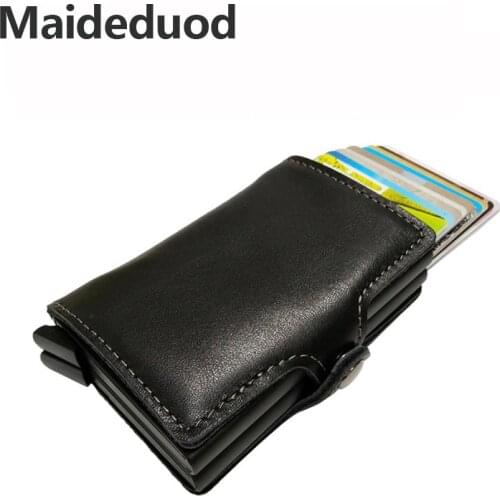 Maideduod Genuine Leather Automatic Credit Card Holder Men High Quality Aluminum Business Credit Card Multi-function Card Holder