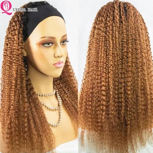 Kinky Curly Wig Headband Wig Human Hair Mongolian Kinky Curly Wig With Headband Honey Blonde Ombre 1B/30 27 Head Band Wig