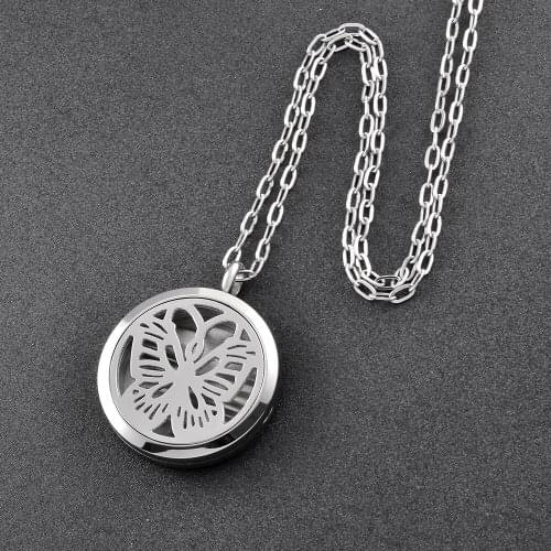 KLH0162 Butterfly Stainless Steel Aromatherapy Essential Oil Diffuser Necklace Pendant Jewelry with 22" Chain 12 Felt Pads